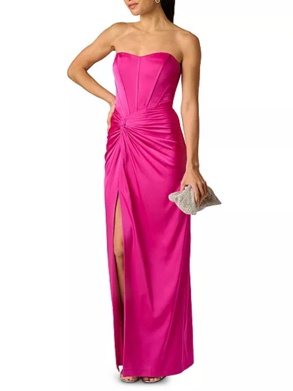 Liv Foster Aspen Satin Dress Pink Flame Twist-Front Maxi with Slit New With Tags